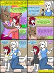  anthro blonde_hair clothed clothing comic dialogue diaper digital_media_(artwork) doctor duo english_text female fur green_eyes hair hi_res kammypup kammypup_(artist) mammal red_hair simple_background smile speech_bubble text 