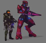  2_toes alien armor beam_rifle bodysuit burke_(character) clothing female halo_(series) helmet human male mammal marine not_furry ranged_weapon rube sangheili size_difference skinsuit sniper soldier tight_clothing toes video_games weapon zera_&#039;jin_(character) 