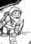  2017 absurd_res anthro arrow bandanna belt black_and_white bow_(weapon) clothed clothing elbow_pads foot_wraps hand_wraps hi_res holding_object holding_weapon hood inkyfrog knee_pads leonardo_(tmnt) male mask monochrome outside ranged_weapon reptile scalie shell simple_background teenage_mutant_ninja_turtles turtle weapon white_background wraps 