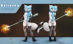  2017 anthro arctic_fox bed blue_eyes blue_hair breasts canine celierra clothing collar female fox fur hair hi_res jamesfoxbr legwear looking_at_viewer mammal melee_weapon nipples polearm pussy simple_background smile solo staff stockings suggestive weapon white_fur 