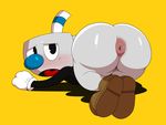  all_fours anal_prolapse animate_inanimate anus big_butt blush butt clothing cuphead_(game) footwear gloves hi_res humanoid jerseydevil looking_back male mugman not_furry object_head open_mouth presenting presenting_anus presenting_hindquarters prolapse shoes solo tongue 