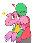  &lt;3 2014 anon blush bottomless clothed clothing cuddling digital_media_(artwork) duo elephant eyeless female fingerless_(marking) green_skin head_tuft humanoid mammal mt noseless pants pink_skin semi-anthro shirt simple_background smile sweater t-shirt white_background 