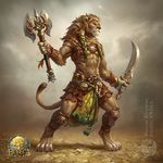  2017 4_toes 5_fingers anthro axe barefoot brown_nose claws clothed clothing detailed digitigrade dual_wielding feline full_portrait fur gugu-troll holding_object holding_weapon lion male mammal melee_weapon pteruges solo standing sword tan_fur tan_hair toes topless tribal_clothing weapon 