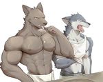  2017 abs anthro biceps blue_nose brown_nose canine chung0_0 clothed clothing duo fangs fur hi_res male mammal muscular nipples obliques open_mouth pecs shirt simple_background standing tank_top teeth tongue topless towel triceps underwear white_background yawn yellow_eyes 