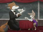  2017 anthro barefoot black_nose brown_fur canine clothed clothing detailed_background digital_media_(artwork) dipstick_ears dipstick_tail dress duo eyes_closed female fox fur gloves_(marking) green_eyes holding_object infinitedge2u kneeling lagomorph male mammal markings multicolored_fur multicolored_tail predator/prey rabbit sitting size_difference smile toeless_(marking) tuxedo two_tone_fur 