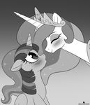  2017 blush duo equine eyelashes eyes_closed feathered_wings feathers female feral friendship_is_magic gradient_background greyscale hair horn long_hair mammal momomistress monochrome my_little_pony princess_celestia_(mlp) simple_background smile sparkles twilight_sparkle_(mlp) unicorn winged_unicorn wings 
