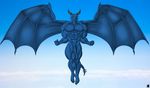  5_toes abs anthro balls big_muscles blue_body blue_dragon_(character) blue_dragon_(series) blue_wings dragon flexing flying kevindragon looking_at_viewer male muscular muscular_male nude penis presenting red_eyes scalie sky smile solo spread_wings toes vein wings 