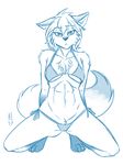  2017 anthro bikini breasts canine chest_tuft cleavage clothed clothing clovis_(twokinds) female fox fur gloves_(marking) hair heresy_(artist) hi_res hybrid keidran looking_at_viewer mammal markings monochrome navel notched_ear pubes sketch skimpy socks_(marking) swimsuit tuft twokinds white_fur white_hair wolf 