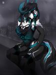  anthro black_hair blue_horn blue_nose canine city clothed clothing curved_horn detailed_background female hair hi_res horn hybrid mammal moon night outside smooth_horn solo vexstacy wide_hips 