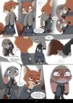  2017 absurd_res anthro belt blush buckteeth bulletproof_vest butt canine clothed clothing comic dialogue dipstick_ears disney duo english_text female fox furgonomics hand_holding hi_res hug judy_hopps kneeling lagomorph male male/female mammal necktie nick_wilde nuzzling on_lap police_uniform rabbit sitting tail_clothing tears teeth text uniform yitexity zootopia 