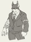  bodyguard bracelet canine clothed clothing doberman dog eyewear fully_clothed jewelry male mammal muscular muscular_male necktie sui_gin_moo suit sunglasses tokyo_afterschool_summoners xolotl 