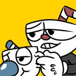  2017 animate_inanimate cup cuphead_(character) cuphead_(game) digital_media_(artwork) duo grin half-closed_eyes humanoid humor icon low_res mugman not_furry object_head reaction_image simple_background smile smirk smug straw teeth unknown_artist yellow_background 