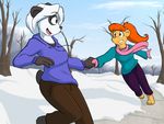  2017 anthro barefoot bear clothed clothing day detailed_background digital_media_(artwork) female hair hi_res infinitedge2u mammal orange_hair outside panda smile white_hair 