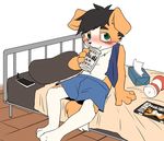  alcohol anthro bed beer beverage black_hair black_nose blush brown_hair canine cellphone clothed clothing coronta_(tenshoku_safari) dog fur green_eyes hair looking_at_viewer male mammal manmosu_marimo multicolored_fur orange_fur phone pornography sex_toy tenshoku_safari tissues topless two_tone_fur underwear white_fur 