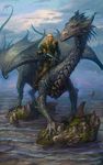  blonde_hair blue_scales claws dragon duo elf feral gugu-troll hair humanoid male rock scales water 