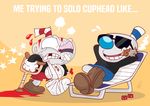  2017 4_fingers angry animate_inanimate blood bone broken_teeth cigar cuphead_(character) cuphead_(game) digital_media_(artwork) english_text eyewear glasses hi_res humanoid mattyburrito mugman not_furry object_head simple_background smile smirk smoking smug teeth text 