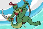  2017 aliasing anthro big_breasts bottomless breasts cleavage clothed clothing cloud digital_drawing_(artwork) digital_media_(artwork) female genital_piercing green_sclera headband holding_object holding_weapon huge_breasts lizard lizardfolk melee_weapon midriff open_mouth outside piercing pirate pussy pussy_piercing reptile rope scalie sea simple_background skirt sky smile solo swinging sword trout_(artist) tube_top water weapon 
