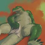  2015 4_fingers 4_toes abstract_background anthro belly belly_scales big_belly biped blush claws countershade_face countershade_legs countershade_tail countershade_torso countershading covering covering_crotch covering_self crocodile crocodilian deep_navel digital_drawing_(artwork) digital_media_(artwork) embarrassed green_background green_scales holding_towel huka kemono league_of_legends long_tail looking_away lying male multicolored_scales musclegut muscular muscular_male navel nude on_back open_mouth red_background renekton reptile riot_games scales scalie shadow sharp_teeth simple_background slit_pupils solo spread_legs spreading sweat sweatdrop tail_between_legs taiwanese tan_countershading tan_scales teeth toe_claws toes towel two_tone_scales video_games webbed_feet yellow_eyes 