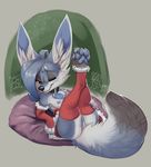  2017 4_toes ahoge anthro armwear big_ears blue_fur blue_hair blue_nipples blue_nose blue_pawpads blush breasts brown_eyes butt canine cheek_tuft chest_tuft clothing collar costume elbow_gloves eyeshadow eyewear female fennec fingerless_gloves fluffy fluffy_tail fox fur glasses gloves hair hi_res legs_up legwear looking_at_viewer makeup mammal maxine mostly_nude multicolored_fur nipples one_eye_closed pawpads paws pussy reclining reign-2004 santa_costume small_breasts socks solo stockings toeless_socks toes tuft two_tone_fur white_fur 