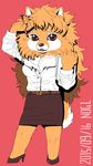  2015 5_fingers anthro belt biped breasts brown_bottomwear brown_claws brown_clothing brown_eyes brown_nose canine cheek_tuft claws clothing digital_drawing_(artwork) digital_media_(artwork) dog dress_shirt female fluffy fluffy_tail footwear front_view full-length_portrait fur hair high_heels holding_object humanoid_hands inner_ear_fluff japanese kemono looking_away mammal mane_hair mechanical_pencil medium_breasts multicolored_fur neck_tuft nogi open_mouth open_smile orange_fur orange_hair orange_tail paper pencil_(object) pomeranian portrait raised_arm red_background sharp_teeth shirt shoes shortstack simple_background skirt smile solo standing teeth tuft two_tone_fur two_tone_tail voluptuous white_clothing white_fur white_tail white_topwear 