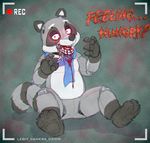  3_toes 4_fingers animatronic anthro blood cobaltsynapse digital_media_(artwork) english_text five_nights_at_freddy&#039;s fur grey_fur hi_res looking_at_viewer machine male mammal open_mouth paws procyonid raccoon red_eyes robot simple_background smile solo text toes video_games 