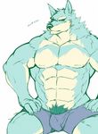  2017 abs anthro biceps big_muscles blue_fur boxers_(clothing) bulge canine claws clothed clothing fur hands_on_hips kemono looking_at_viewer male mammal muscular muscular_male nipples obliques pecs shimomaro simple_background sitting solo topless triceps underwear white_fur wolf 