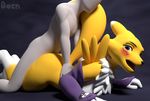  2017 3d_(artwork) abstract_background ambiguous_penetration anonymous anthro bacn blush canine digimon digital_media_(artwork) duo female from_behind_(disambiguation) from_behind_position fur human human_on_anthro interspecies looking_back lying male male/female mammal nude on_front open_mouth penetration renamon sex simple_background white_fur 