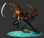  2017 anthro claws crocodile crocodilian digital_media_(artwork) holding_object holding_weapon male melee_weapon nude reptile scales scalie simple_background solo sword thief weapon yeenr 