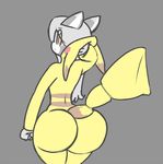  2017 big_butt bubble_butt butt clothing costume fur grey_fur hair halloween holidays hoodie huge_butt long_hair looking_back male mammal nintendo norithics norithics_&quot;nori&quot;_kusemurai pikachu pok&eacute;mon pok&eacute;mon_(species) procyonid raccoon rodent simple_background solo thick_thighs video_games wide_hips 