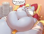  2017 absurd_res anthro anthrofied belly big_belly big_breasts blonde_hair breasts clothing derpy_hooves_(mlp) dialogue english_text equine female food friendship_is_magic hair half-closed_eyes hi_res hyper hyper_belly long_hair looking_at_viewer mammal morbidly_obese muffin my_little_pony navel nekocrispy obese open_mouth overweight overweight_female plate solo text torn_clothing yellow_eyes 
