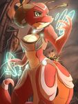  2017 4_fingers anthro breasts brown_eyes cleavage closed clothed clothing curved_horn digital_media_(artwork) dragon female horn infinitedge2u solo wide_hips 