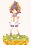  brown_eyes brown_hair cabbie_hat flipped_hair grass hat male_focus mushiking ozaki_taichi puffy_short_sleeves puffy_sleeves sailor_collar shin_kouchuu_ouja_mushiking short_sleeves shorts solo ura_momi 