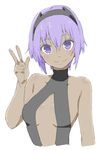 absurdres bangs bare_arms bare_shoulders black_hairband blush breasts closed_mouth dark_skin donguri_suzume eyebrows_visible_through_hair fate/prototype fate/prototype:_fragments_of_blue_and_silver fate_(series) hairband hand_up hassan_of_serenity_(fate) highres purple_eyes purple_hair short_hair simple_background small_breasts smile solo upper_body w white_background 