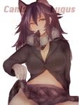  absurdres ancolatte_(onikuanco) animal_ears black_hair blue_eyes breasts buttons character_name cleavage fang fur_collar gloves grey_wolf_(kemono_friends) heterochromia highres kemono_friends large_breasts latin long_hair long_sleeves looking_at_viewer multicolored_hair necktie_on_mouth skirt skirt_lift solo two-tone_hair white_background white_gloves wolf_ears wolf_girl yellow_eyes 
