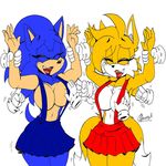 akatsukishiranui-fox anthro biped blue_fur breasts canine cleavage clothed clothing colored crossgender disembodied_hand edit eyes_closed female fox friends fur grope happy hedgehog laugh lipstick makeup mammal miles_prower multicolored_tail simple_background skirt smile sonic_(series) sonic_the_hedgehog standing tickling video_games white_background white_fur yellow_fur 