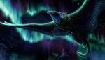  2017 aura avian beak black_fur claws detailed_background digital_media_(artwork) feathers feral flying fur gryphon isvoc night outside solo yellow_beak 