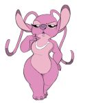  2016 4_fingers alien angel_(lilo_&amp;_stitch) antennae black_eyes chest_markings claws colored_sketch digital_drawing_(artwork) digital_media_(artwork) disney experiment_(species) eyelashes female hand_on_hip lilo_and_stitch markings mickeymonster open_mouth pink_body purple_claws purple_nose purple_tongue raised_eyebrow sassy short_stack simple_background solo tongue white_background wide_hips 