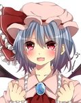  ascot bad_id bad_nicoseiga_id bangs blue_hair blue_nails blush bow clenched_teeth close-up d: dress eyes_visible_through_hair fang frilled_bow frills gem hair_between_eyes hat hat_bow highres long_sleeves looking_at_viewer nail_polish open_mouth pink_dress red_bow red_eyes red_neckwear remilia_scarlet short_hair simple_background solo tearing_up tears teeth touhou uu~ white_background wings yamasuta 