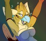  &lt;3 2017 anthro avian beak big_breasts breasts digital_media_(artwork) drunk female freckles fur gryphon hi_res mazzy_techna open_mouth party rave simple_background singingbirdstudio smile solo wings 