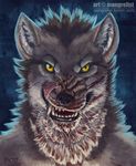  2017 anthro black_nose blood blood_on_face canine digital_media_(artwork) fur grey_fur grin headshot_portrait looking_at_viewer male mammal mongrelist portrait sharp_teeth smile solo teeth were werewolf yellow_eyes 