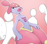  biting_lip english_text eyelashes eyeless female group humanoid lips male medicham nintendo outline pink_background pok&eacute;mon pok&eacute;mon_(species) shoutingisfun simple_background sweat text thick_thighs video_games wide_hips 