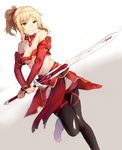  bangs black_legwear blonde_hair braid breasts cleavage detached_collar detached_sleeves eyebrows_visible_through_hair fate/apocrypha fate_(series) gradient gradient_background green_eyes highres holding holding_weapon leg_lift long_hair long_sleeves looking_away medium_breasts mordred_(fate) mordred_(fate)_(all) mosta_(lo1777789) navel parted_lips pelvic_curtain pink_footwear ponytail red_skirt side_braid sidelocks skirt solo standing teeth thighhighs weapon 