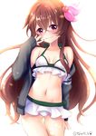  artist_name ass_visible_through_thighs awasete0 bikini bikini_skirt black_jacket brown_eyes brown_hair cowboy_shot hair_ornament highres jacket kantai_collection kisaragi_(kantai_collection) long_hair looking_at_viewer navel remodel_(kantai_collection) simple_background skirt smile solo swimsuit white_background white_bikini white_skirt 