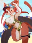  beach_ball cat cat_busters character_request eye_patch furry hat kyuuri open_mouth red_eyes red_hair short_hair swimsuit 
