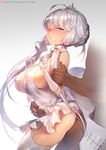  1girl ahoge arm_grab artist_name ass azur_lane blue_eyes braid breasts clenched_teeth contrapposto covered_nipples cowboy_shot dark_skin dark_skinned_male dress drooling eyebrows_visible_through_hair flower gao_(gaolukchup) garter_straps gloves grabbing grabbing_from_behind gradient gradient_background hair_bun hair_flower hair_ornament hair_over_one_eye hand_on_another's_stomach hetero huge_breasts illustrious_(azur_lane) implied_sex leaning_forward mole mole_under_eye no_panties patreon_logo patreon_username pussy_juice short_dress sidelocks silver_hair solo_focus standing sweat tears teeth thighhighs tiara tied_hair watermark white_dress white_gloves white_legwear 