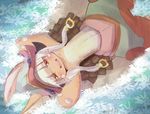  1girl brown_eyes flower furry grass kyuuri laying_down long_hair made_in_abyss nanachi_(made_in_abyss) rabbit smile solo white_hair 