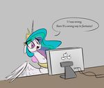  2017 4chan anonymous_artist blush collar computer computer_monitor crown digital_media_(artwork) equine feathered_wings feathers female feral friendship_is_magic hair hi_res horn inside mammal multicolored_hair my_little_pony open_mouth princess_celestia_(mlp) shocked simple_background solo speech_bubble text tiara winged_unicorn wings 