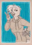  2017 anthro avian bird blue_background chewycuticle clothed clothing eyebrows eyelashes hoodie open_mouth pose simple_background solo tongue traditional_media_(artwork) v_sign 