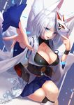  animal_ears azur_lane bangs blue_eyes blue_hakama blunt_bangs breasts cleavage collarbone commentary_request crossed_legs fox_ears fox_mask fox_tail hakama hakama_skirt highres holding japanese_clothes kaga_(azur_lane) kimono large_breasts mask mirea open_mouth outstretched_arms revision short_hair silver_hair sitting skirt tail white_kimono wide_sleeves wristband 