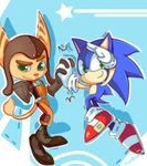  anthro big_eyes big_head clothing feline fur gloves green_eyes hedgehog ipun lombax male mammal ratchet ratchet_and_clank sonic_(series) sonic_the_hedgehog stripes toony video_games 